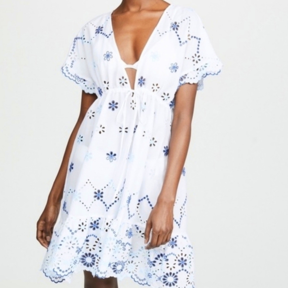 70 Cotton SHOSHANNA Lace Coverup Dress White Blue Eyelet Sundress Swim Large